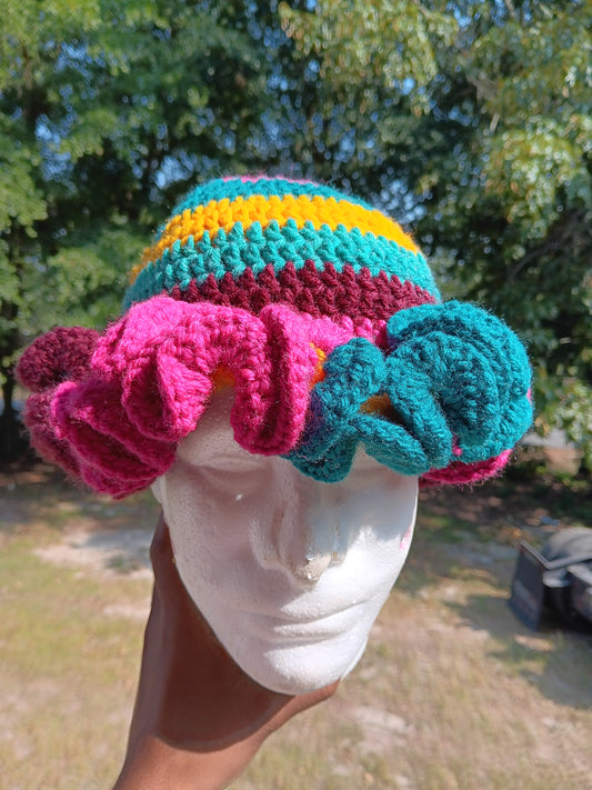Multi-Color Crochet Ruffled Beanie